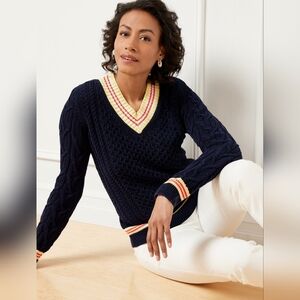 Talbots V Neck Cotton Linen Blend Cable Knit Tennis Prep L